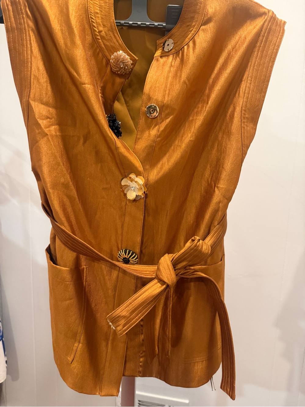 Golden Satin Belted Sleeveless Vest with Floral Buttons